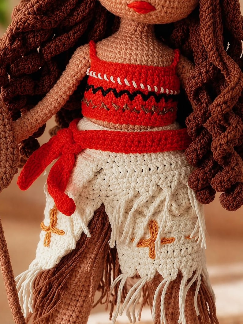 May include: A handcrafted crochet doll featuring long wavy brown yarn hair, wearing a bright red crop top with black zigzag embroidery and a white skirt with a red waist tie, orange cross-stitch details, and long white fringe along the bottom hem.