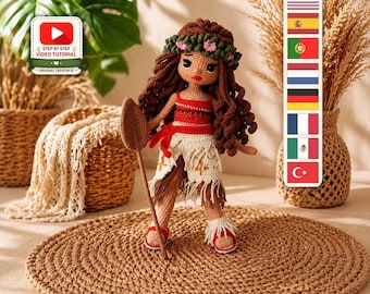 Wzór na szydełkową lalkę Moana, wiosło w kształcie kwiatowego wianka, samouczek PDF na temat amigurumi