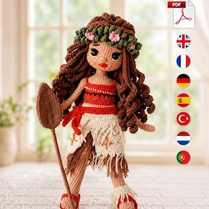 Moana Prinzessin Häkelpuppe Anleitung PDF, Tropische Amigurumi Puppe mit Locken, Blumenkrone und Video-Tutorial