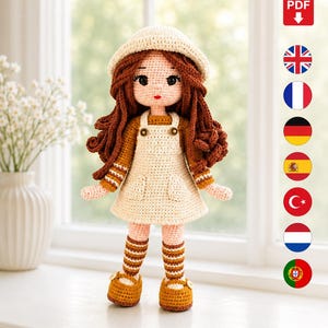 Häkelanleitung PDF: Amigurumi Puppe mit Creme-Baskenmütze, Locken, Kleid & Video-Tutorial