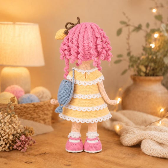 Crochet Pattern PDF: Pink Hair Amigurumi Doll, Yellow Ruffle Dress, Blue Bag & Video Tutorial