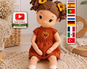 Wzór na szydełkową lalkę Marigold, spinki do włosów z kwiatkami do sukienki, samouczek amigurumi w formacie PDF