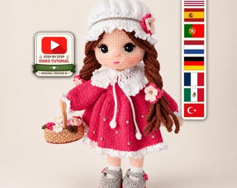 Wzór na szydełkową lalkę Rosalie, koszyczek na kwiaty z warkoczykami, samouczek amigurumi w formacie PDF