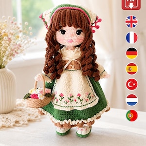 Patrón de Muñeca Campesina a Crochet: Delantal Floral PDF con Vídeo