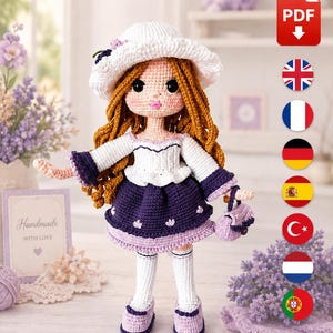 Receita de Crochê PDF: Boneca Amigurumi Lavanda, Vestido Roxo, Chapéu Floral e Vídeo Tutorial