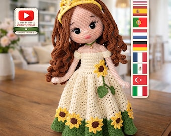 Wzór na szydełkową lalkę „Księżniczka Słonecznik”, sukienka z płatkami kwiatów, samouczek PDF „Amigurumi”