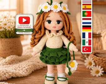 Wzór na szydełkową lalkę Daisy, kwiatowy wianek, samouczek amigurumi w formacie PDF
