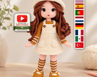 Wzór na szydełkową lalkę jesienną, strój z beretem i fartuchem, samouczek PDF na amigurumi