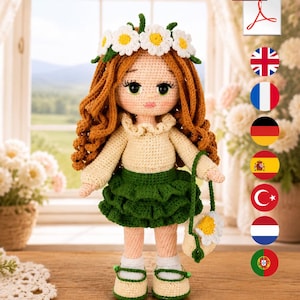 Patrón Crochet PDF: Muñeca Daisy Amigurumi, Corona de Flores, Vestido Floral, Bolso y Video Tutorial