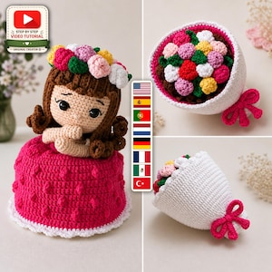 May include: Crocheted doll with a flower crown and a pink dress. The doll is part of a step-by-step video tutorial. The image also shows crocheted bouquets with colorful flowers, wrapped in white and tied with pink ribbons.