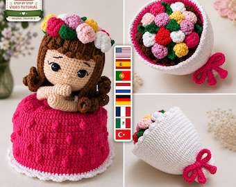 Wzór na szydełkową lalkę amigurumi: lalka niespodzianka, lalka z ukrytym bukietem kwiatów, samouczek wideo w formacie PDF