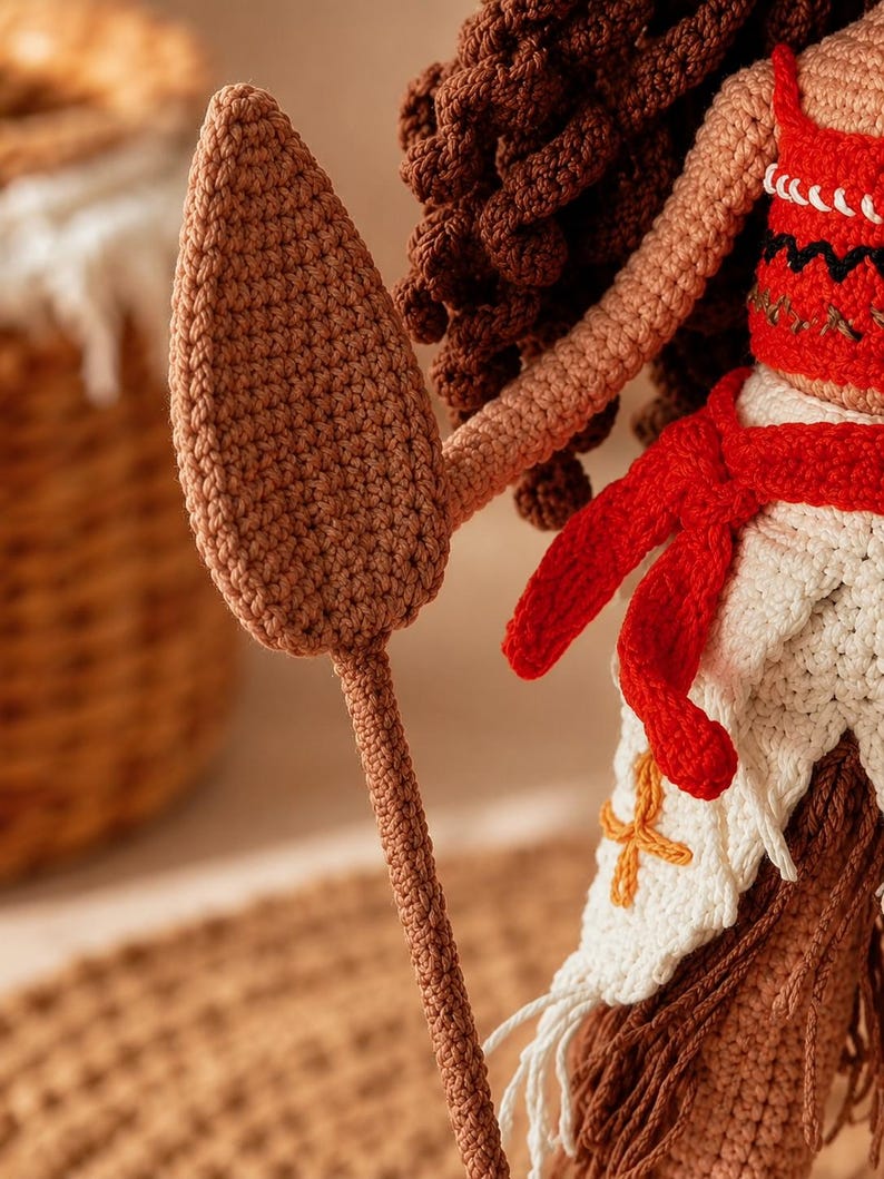 May include: A crocheted doll with dark brown curly hair, wearing a red top with black zigzag patterns and a white skirt with a red sash and orange cross embroidery. The doll holds a long, light brown crocheted spear with a pointed, leaf-shaped tip.