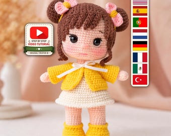 Wzór na szydełkową lalkę Luna, mini laleczkę z kokiem, samouczek PDF na amigurumi