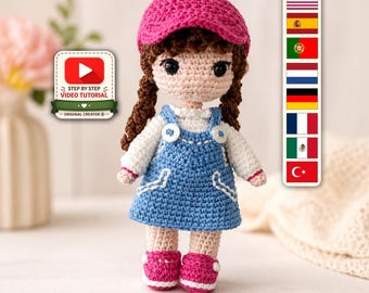 Wzór na szydełkową lalkę w kolorze różowym, niebieska sukienka-sukienka, samouczek amigurumi w formacie PDF