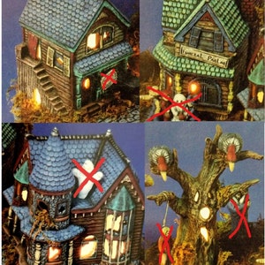 May include: A set of four Halloween village houses, including a spooky tree with glowing eyes. The houses are made of ceramic and feature detailed paintwork, including a blue and brown house with a spooky ghost on the roof, a green and brown house with a sign that reads "Funeral Parlor", a blue and brown house with a spooky ghost on the roof, and a blue and brown house with a spooky ghost on the roof.