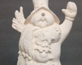 Ready to Paint Kimple Snowman Waving & Holding Tree Unpainted Ceramic Bisque You Paint Your Own Unfinished Ceramic