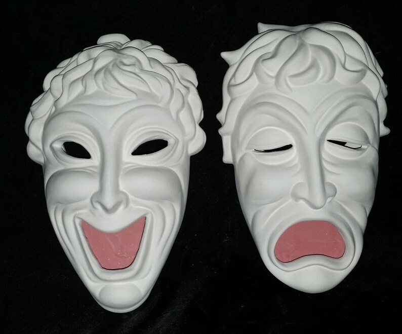 Unpainted Ceramic Bisque Comedy Tragedy Masks Ready to Unpainted Ceramic Bisque Comedy Tragedy Masks Ready to