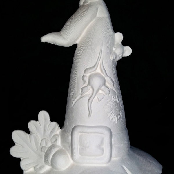 Unpainted Ceramic  Witch Hat with Mice and Acorn Ready to Paint Ceramic Bisque Paint Your Own Pottery - U Paint Ceramic