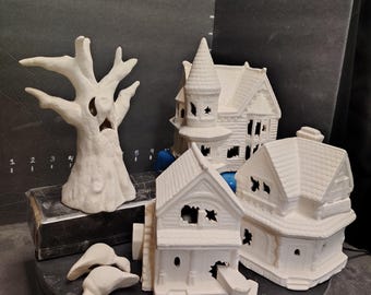 Unpainted Ceramic Halloween Village: Light-Up Bisque, Ready to Paint