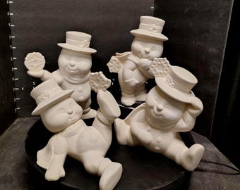 Unpainted Ceramic Four Snowman with snowflake Set: DIY Holiday Craft Ready to paint