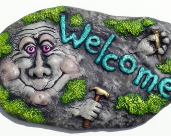 Unpainted Ceramic  Welcome Garden Stone with face Ready to Paint Home Decor Paint Your Own U Paint Ceramic Bisque