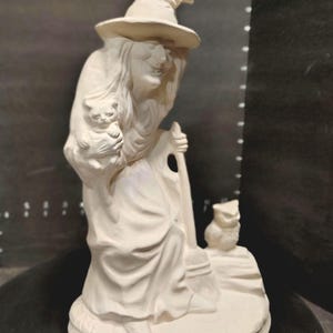 Unpainted Ceramic Witch with Cat, Broom, Owl Halloween Figurine DIY Craft Ready to Paint