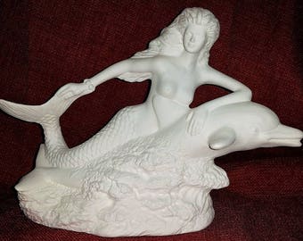 Unpainted Ceramic Large Mermaid Riding a Dolphin You Paint Your Own Pottery U Paint Ceramic Bisque Unpainted Ceramic