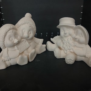 Unpainted Ceramic Cuddle Snowmen or Penguins DIY Craft Ready to Paint