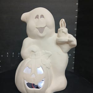 Unpainted Ceramic Halloween Ghost with Pumpkin Lantern (Ready to Paint)