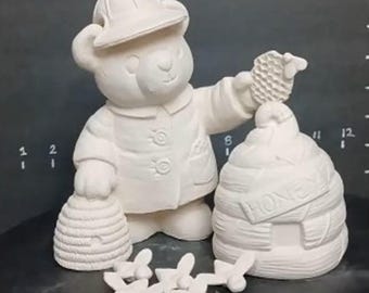 Unpainted Ceramic Bisque Bear Beekeeper with choice additional Beehive: DIY Craft Project