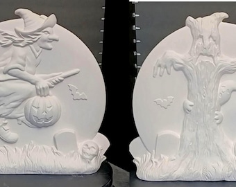 Unpainted Ceramic Halloween Windowsill Sitter Doublesided Witch & Ghost tree, DIY Craft Ready to Paint