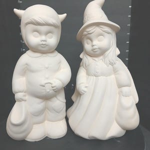 Unpainted Ceramic Bisque Halloween Kids: Witch and Devil (Ready to Paint)