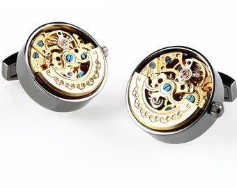 Movable Cufflinks Winding Working Watch Mechanism Cuff link Steampunk Movement Silver Gold Black Luxury Unconventional Elegant Gift