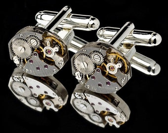 Uhrwerk Manschettenknöpfe mit Rubinen versilbert Uhr Manschettenknöpfe Uhr Manschettenknöpfe Steam Punk Manschettenknöpfe Herrenschmuck Geschenkschmuck Bräutigam