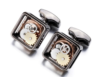 Square Watch Cufflinks Gear Movement Mechanism Silver Gold Black For Him Christmas Gift for Men Steampunk Elegant