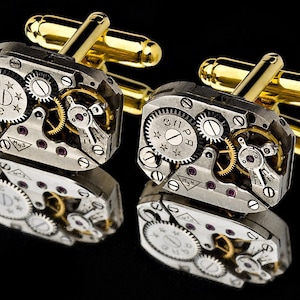 Watch Movement Cufflinks With Rubies - Silver Plated - Steampunk Vintage Mens Cuff Links - Ideal Gift