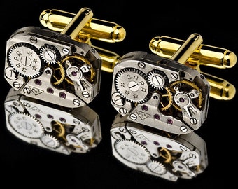 Watch Movement Cufflinks With Rubies - Silver Plated - Steampunk Vintage Mens Cuff Links - Ideal Gift