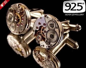 Steampunk Cufflinks SWISS Smallest Gears Vintage Watch Movements Vintage Upcycled Mens Cuff Links Gift for Him Silver Gold