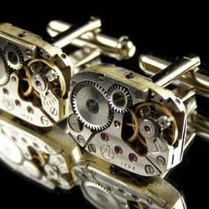 Watch Movement Cufflinks With Rubies - Silver Plated - Steampunk Vintage Mens Cuff Links - Ideal Gift