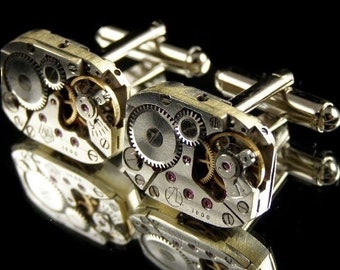 Watch Movement Cufflinks With Rubies - Silver Plated - Steampunk Vintage Mens Cuff Links - Ideal Gift