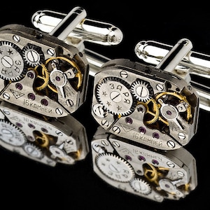 Watch Movement Cufflinks With Rubies - Silver Plated - Steampunk Vintage Mens Cuff Links - Ideal Gift