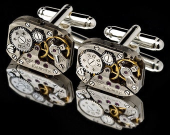 Abotoaduras com mecanismo de relógio e rubis - banhadas a prata - abotoaduras vintage steampunk masculinas - presente ideal