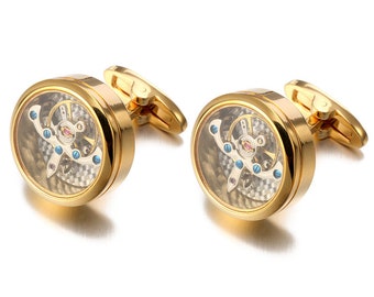 Round 20mm Watch Cufflinks Movement Gears Gold Silver Black Copper Mechanical Gift for Him Groom