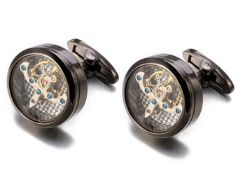 Round 20mm Watch Cufflinks Movement Gears Gold Silver Black Copper Mechanical Gift for Him Groom