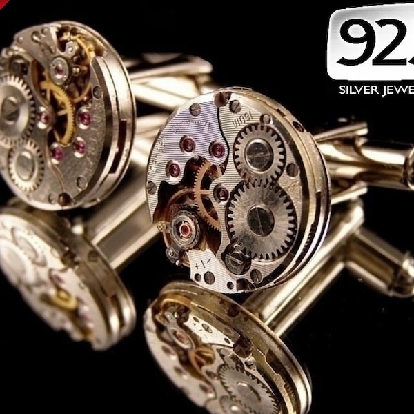 Gemelos de movimiento de reloj / Gemelos Steampunk / Gemelos de reloj / Gemelos de plata esterlina o Gemelos de oro / Regalos de padrinos de boda / Joyería 925