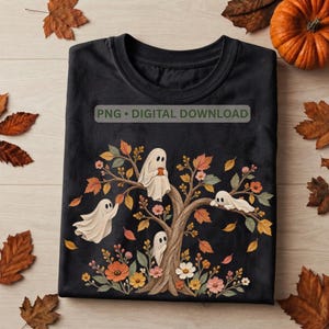 Watercolor Ghost Tree PNG, Friendly Autumn Ghosts with Fall Vibes, Cottagecore Halloween Design