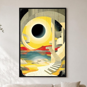 Puede incluir: Una impresión artística abstracta enmarcada que presenta un paisaje surrealista con un agujero negro, un sol amarillo y una escalera. La obra de arte tiene un estilo retro y geométrico con una paleta de colores amarillo, rojo y beige. La impresión se exhibe en una sala de estar moderna.