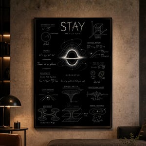 Może przedstawiać: Czarny plakat w ramie z białymi diagramami naukowymi i napisem "STAY". Plakat zawiera ilustracje czarnej dziury, tuneli czasoprzestrzennych i równań związanych z teorią względności i falami grawitacyjnymi. Tematem jest kosmos i fizyka.