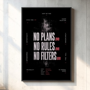 May include: A black rectangular wall art print featuring white and red text that reads NO PLANS.exe, NO RULES.exe, and NO FILTERS.exe. The design includes additional small text elements like SCRIPT NOT FOUND, SYSTEM REJECTION, and RAW REALITY.