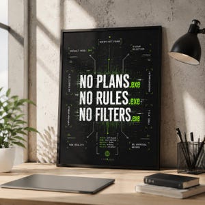 Puede incluir: Un póster enmarcado en negro con texto blanco y verde de estilo digital que dice NO PLANS.exe, NO RULES.exe y NO FILTERS.exe, rodeado de gráficos de interfaz técnica, etiquetas de estado del sistema y un icono de globo terráqueo.